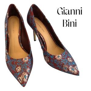 GIANNI BINI Blue/Red Satin Floral  Brocade Point-3.81” Toe Pumps Size 8 EUC
